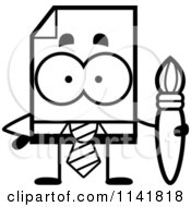 Cartoon Clipart Of A Black And White Business Document Mascot Holding A Paintbrush Vector Outlined Coloring Page