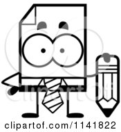Cartoon Clipart Of A Black And White Business Document Mascot Holding A Pencil Vector Outlined Coloring Page