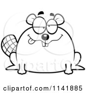 Cartoon Clipart Of A Black And White Drunk Chubby Beaver Vector Outlined Coloring Page
