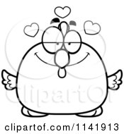 Cartoon Clipart Of A Black And White Chubby Rooster Chick In Love Vector Outlined Coloring Page