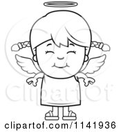 Cartoon Clipart Of A Black And White Smiling Angel Girl Vector Outlined Coloring Page