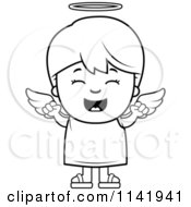 Cartoon Clipart Of A Black And White Happy Angel Boy Vector Outlined Coloring Page