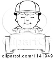 Cartoon Clipart Of A Black And White Handy Boy Over A Banner Vector Outlined Coloring Page