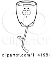 Cartoon Clipart Of A Black And White Surprised Rose Flower Character Vector Outlined Coloring Page