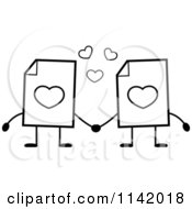 Cartoon Clipart Of Black And White Love Document Mascots Holding Hands Vector Outlined Coloring Page