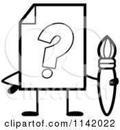 Cartoon Clipart Of A Black And White Help Document Mascot Holding A Paintbrush Vector Outlined Coloring Page