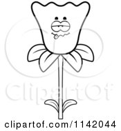 Cartoon Clipart Of A Black And White Goofy Or Sick Daffodil Flower Character Vector Outlined Coloring Page