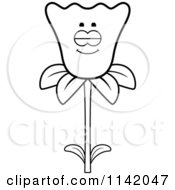 Cartoon Clipart Of A Black And White Sleeping Daffodil Flower Character Vector Outlined Coloring Page by Cory Thoman