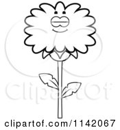 Cartoon Clipart Of A Black And White Sleeping Dandelion Flower Character Vector Outlined Coloring Page