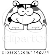 Cartoon Clipart Of A Black And White Happy Ladybug Over A Sign Vector Outlined Coloring Page