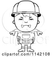 Cartoon Clipart Of A Black And White Mad Handy Boy Vector Outlined Coloring Page