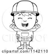 Cartoon Clipart Of A Black And White Excited Handy Boy Vector Outlined Coloring Page