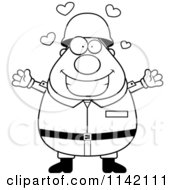 Cartoon Clipart Of A Black And White Loving Chubby Army Man Vector Outlined Coloring Page