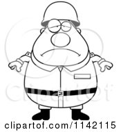 Cartoon Clipart Of A Black And White Depressed Chubby Army Man Vector Outlined Coloring Page