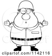 Cartoon Clipart Of A Black And White Careless Shrugging Chubby Army Man Vector Outlined Coloring Page