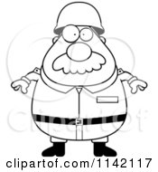 Cartoon Clipart Of A Black And White Chubby Army Man With A Mustache Vector Outlined Coloring Page