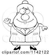 Cartoon Clipart Of A Black And White Waving Happy Chubby Business Lady Vector Outlined Coloring Page