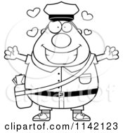 Cartoon Clipart Of A Black And White Loving Chubby Mail Man Postal Worker Vector Outlined Coloring Page