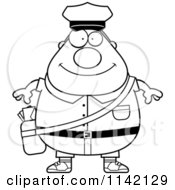 Cartoon Clipart Of A Black And White Happy Chubby Mail Man Postal Worker Vector Outlined Coloring Page