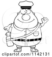 Cartoon Clipart Of A Black And White Friendly Waving Chubby Mail Man Postal Worker Vector Outlined Coloring Page