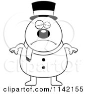 Cartoon Clipart Of A Black And White Depressed Pudgy Snowman Vector Outlined Coloring Page