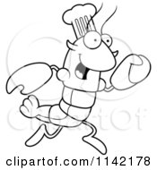 Cartoon Clipart Of A Black And White Running Chef Lobster Or Crawdad Mascot Character Vector Outlined Coloring Page