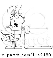 Black And White Chef Lobster Or Crawdad Mascot Character Holding A Blank Scroll