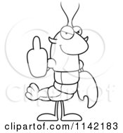 Cartoon Clipart Of A Black And White Lobster Or Crawdad Mascot Character Holding Up A Middle Finger Vector Outlined Coloring Page