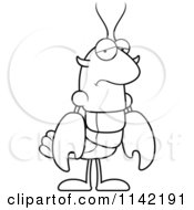 Cartoon Clipart Of A Black And White Depressed Lobster Or Crawdad Mascot Character Vector Outlined Coloring Page