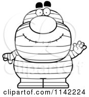 Cartoon Clipart Of A Black And White Waving Pudgy Mummy Vector Outlined Coloring Page
