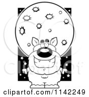 Cartoon Clipart Of A Black And White Pudgy Werewolf Under A Full Moon Vector Outlined Coloring Page