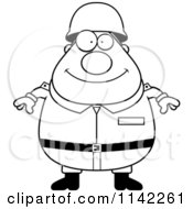 Cartoon Clipart Of A Black And White Happy Chubby Army Man Vector Outlined Coloring Page