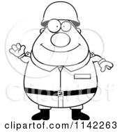 Cartoon Clipart Of A Black And White Friendly Waving Chubby Army Man Vector Outlined Coloring Page