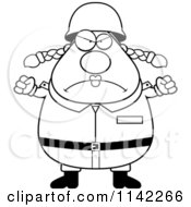 Cartoon Clipart Of A Black And White Mad Chubby Army Woman Vector Outlined Coloring Page