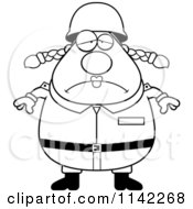Cartoon Clipart Of A Black And White Depressed Chubby Army Woman Vector Outlined Coloring Page