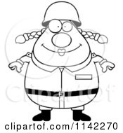 Cartoon Clipart Of A Black And White Happy Chubby Army Woman Vector Outlined Coloring Page