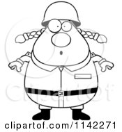 Cartoon Clipart Of A Black And White Surprised Chubby Army Woman Vector Outlined Coloring Page