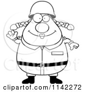 Cartoon Clipart Of A Black And White Friendly Waving Chubby Army Woman Vector Outlined Coloring Page