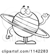 Cartoon Clipart Of A Black And White Planet Saturn Waving Vector Outlined Coloring Page by Cory Thoman