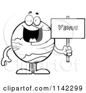 Cartoon Clipart Of A Black And White Planet Venus Holding A Sign Vector Outlined Coloring Page