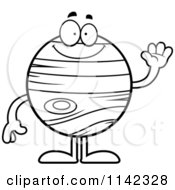 Cartoon Clipart Of A Black And White Planet Jupiter Waving Vector Outlined Coloring Page