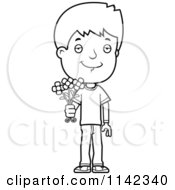 Cartoon Clipart Of A Black And White Adolescent Teenage Boy Holding Out Flowers Vector Outlined Coloring Page
