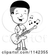 Cartoon Clipart Of A Black And White Adolescent Teenage Boy Playing A Guitar Vector Outlined Coloring Page