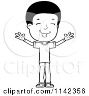 Cartoon Clipart Of A Black And White Happy Adolescent Teenage Boy With Open Arms Vector Outlined Coloring Page