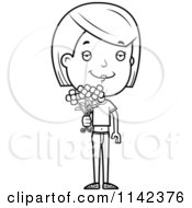 Cartoon Clipart Of A Black And White Adolescent Teenage Girl Holding Out Flowers Vector Outlined Coloring Page
