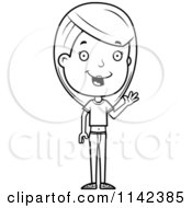 Cartoon Clipart Of A Black And White Friendly Adolescent Teenage Girl Waving Vector Outlined Coloring Page