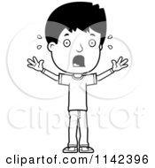 Cartoon Clipart Of A Black And White Scared Adolescent Teenage Boy Vector Outlined Coloring Page