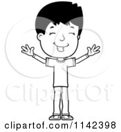 Cartoon Clipart Of A Black And White Happy Adolescent Teenage Boy With Open Arms Vector Outlined Coloring Page