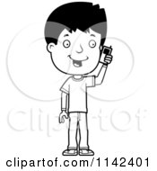 Cartoon Clipart Of A Black And White Adolescent Teenage Boy Talking On A Cell Phone Vector Outlined Coloring Page