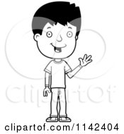 Cartoon Clipart Of A Black And White Friendly Adolescent Teenage Boy Waving Vector Outlined Coloring Page
